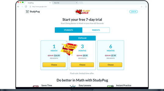 StudyPug desktop screen mockup on a laptop computer