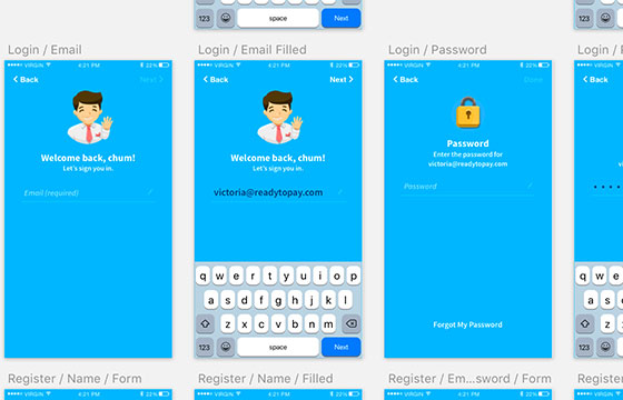 UI Design example of the Ready Mobile Payment iPhone application development mockups