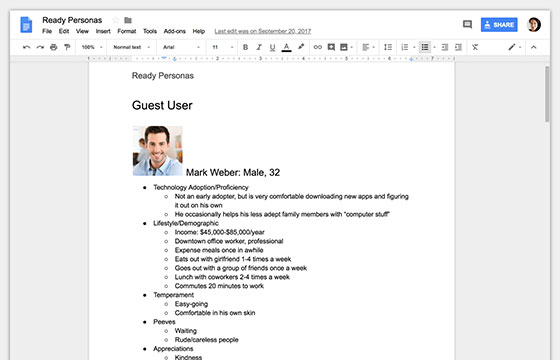 UX Design example of a persona developed for the target user